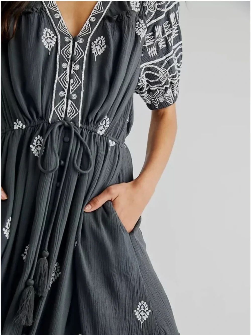 Free People Riley Embroidered Maxi Dress Gray Large Boho Tassel Pockets